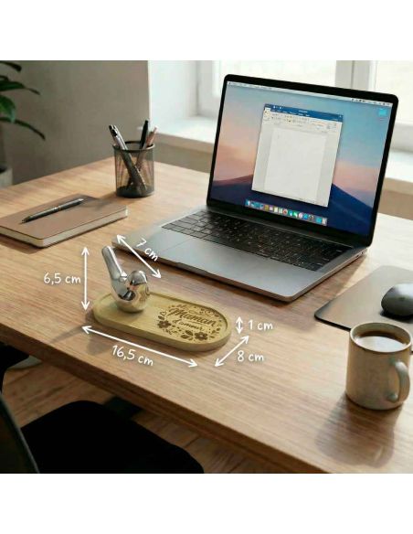 Plateau Vide-Poche en Bambou Gravé "Maman d'Amour" avec Figurine Oiseau Design