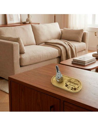 Plateau Vide-Poche en Bambou Gravé "Maman d'Amour" avec Figurine Oiseau Design