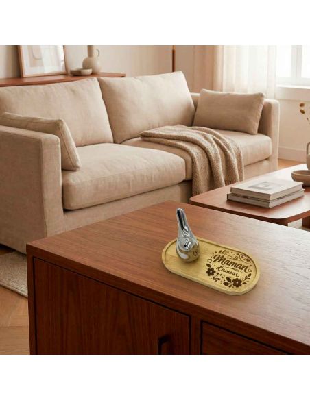 Plateau Vide-Poche en Bambou Gravé "Maman d'Amour" avec Figurine Oiseau Design