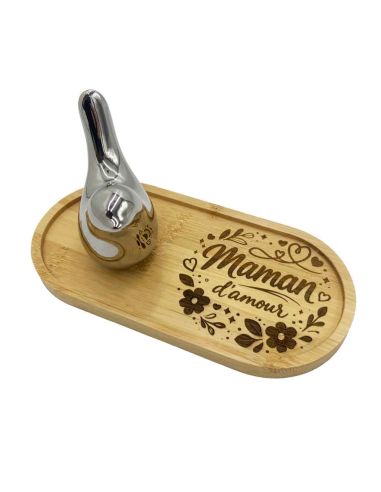 Plateau Vide-Poche en Bambou Gravé "Maman d'Amour" avec Figurine Oiseau Design