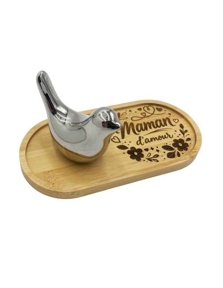 Plateau Vide-Poche en Bambou Gravé "Maman d'Amour" avec Figurine Oiseau Design