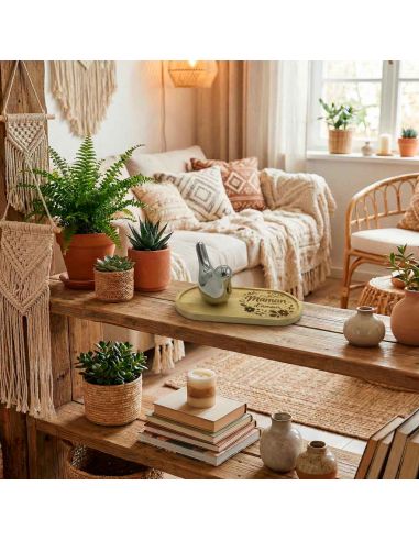 Plateau Vide-Poche en Bambou Gravé "Maman d'Amour" avec Figurine Oiseau Design