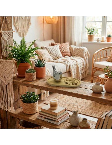 Plateau Vide-Poche en Bambou Gravé "Maman d'Amour" avec Figurine Oiseau Design