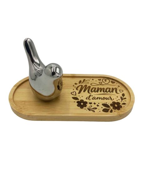 Plateau Vide-Poche en Bambou Gravé "Maman d'Amour" avec Figurine Oiseau Design