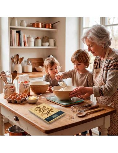 Balance de cuisine numérique en bambou naturel gravée "Reine de la Cuisine" – Précision 1g et Design Éco-responsable