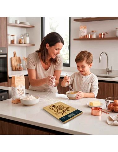 Balance de cuisine numérique en bambou naturel gravée "Reine de la Cuisine" – Précision 1g et Design Éco-responsable