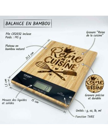 Balance de cuisine numérique en bambou naturel gravée "Reine de la Cuisine" – Précision 1g et Design Éco-responsable