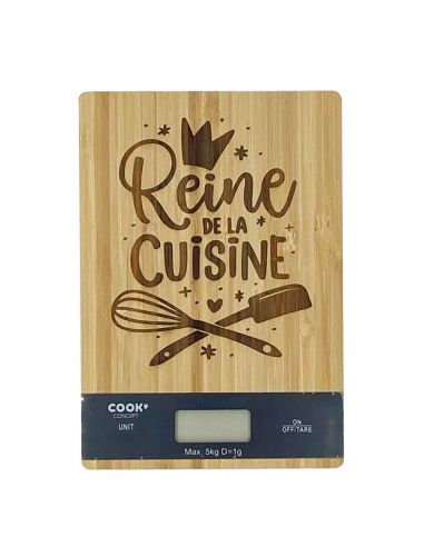 Balance de cuisine numérique en bambou naturel gravée "Reine de la Cuisine" – Précision 1g et Design Éco-responsable