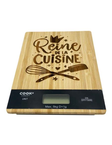 Balance de cuisine numérique en bambou naturel gravée "Reine de la Cuisine" – Précision 1g et Design Éco-responsable