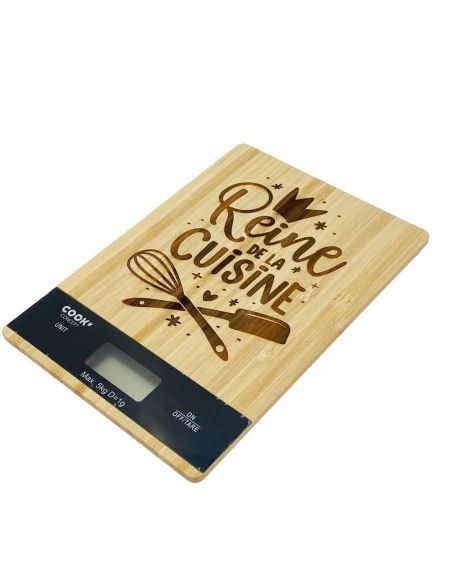 Balance de cuisine numérique en bambou naturel gravée "Reine de la Cuisine" – Précision 1g et Design Éco-responsable