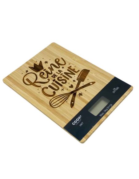 Balance de cuisine numérique en bambou naturel gravée "Reine de la Cuisine" – Précision 1g et Design Éco-responsable