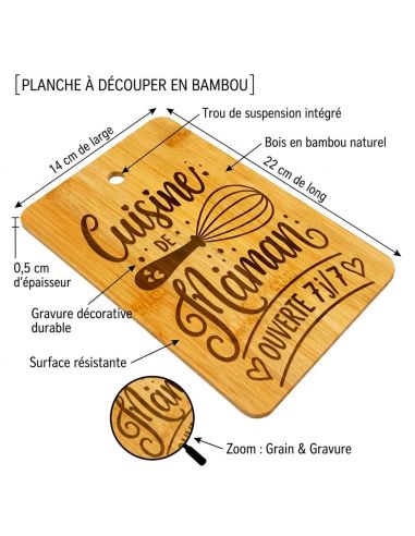 Planche à Découper en Bambou Gravée "Cuisine de Maman" - Plateau de Présentation Naturel 22x14cm
