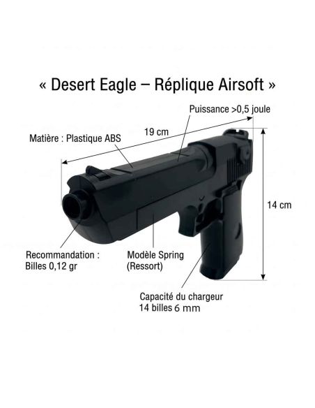 Réplique Airsoft Desert Eagle Spring 0.5J – Pistolet à Ressort Billes 6mm ABS Noir