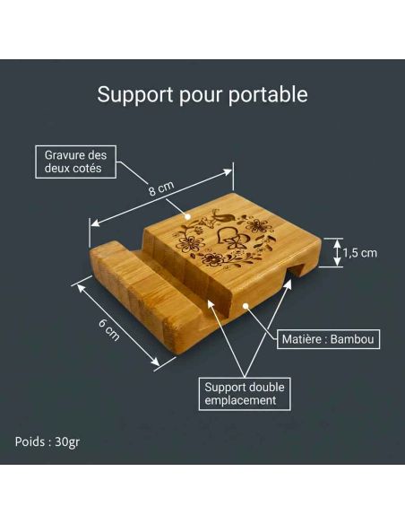 Support Téléphone en Bambou Gravé : Double Emplacement pour Smartphone avec ou sans Coque