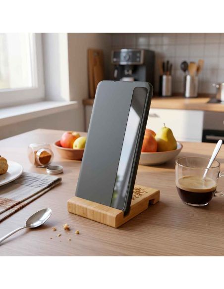 Support Téléphone en Bambou Gravé : Double Emplacement pour Smartphone avec ou sans Coque