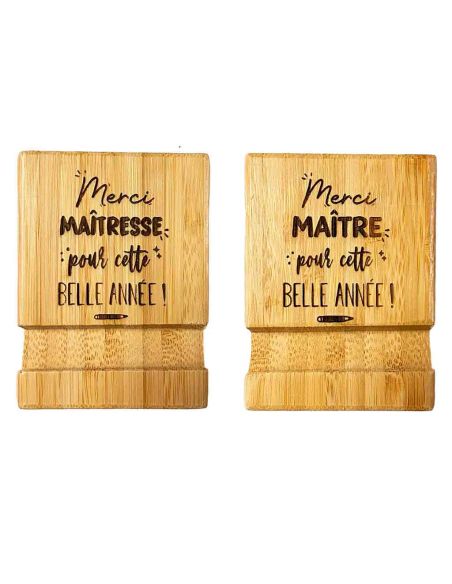 Cadeau Maître et Maîtresse Fin d'Année – Support Téléphone en Bambou Gravé "Merci pour cette belle année"