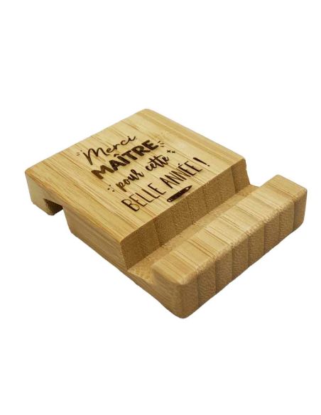 Cadeau Maître et Maîtresse Fin d'Année – Support Téléphone en Bambou Gravé "Merci pour cette belle année"