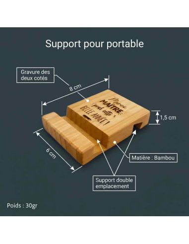 Cadeau Maître et Maîtresse Fin d'Année – Support Téléphone en Bambou Gravé "Merci pour cette belle année"