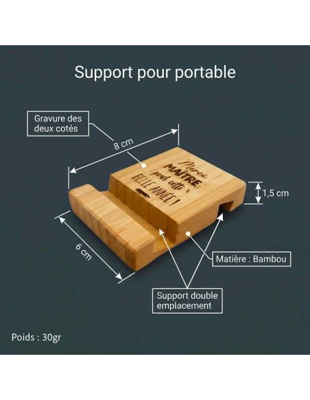 Cadeau Maître et Maîtresse Fin d'Année – Support Téléphone en Bambou Gravé "Merci pour cette belle année"