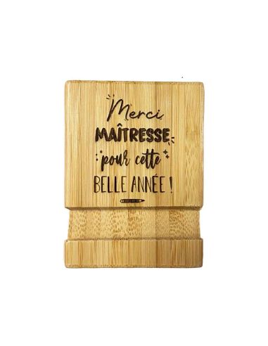 Cadeau Maître et Maîtresse Fin d'Année – Support Téléphone en Bambou Gravé "Merci pour cette belle année"