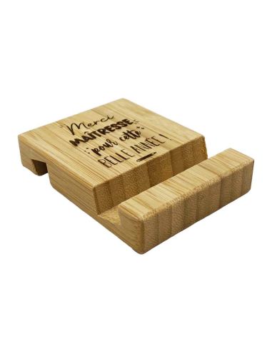 Cadeau Maître et Maîtresse Fin d'Année – Support Téléphone en Bambou Gravé "Merci pour cette belle année"