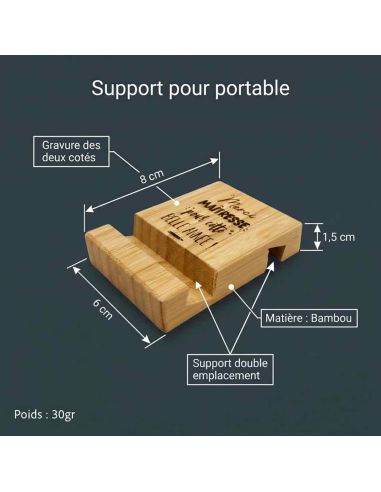 Cadeau Maître et Maîtresse Fin d'Année – Support Téléphone en Bambou Gravé "Merci pour cette belle année"