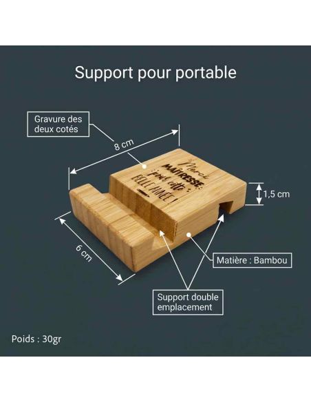 Cadeau Maître et Maîtresse Fin d'Année – Support Téléphone en Bambou Gravé "Merci pour cette belle année"