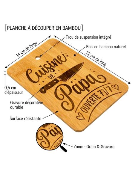 Planche à Découper en Bambou Gravée "Cuisine de Papa" - Cadeau Original Fête des Pères