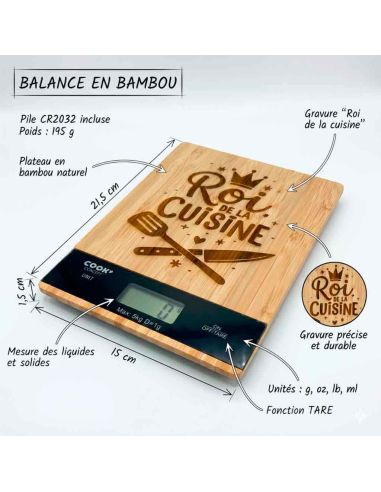 Balance de Cuisine en Bambou Gravée "Roi de la Cuisine" - Électronique 5kg