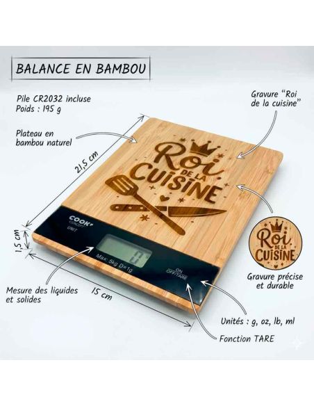Balance de Cuisine en Bambou Gravée "Roi de la Cuisine" - Électronique 5kg
