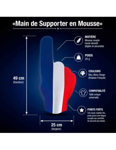 Main de Supporter en Mousse France Bleu Blanc Rouge - Doigt Géant