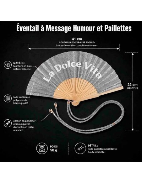 Éventail à Message Humour et Paillettes Avec Cordon Détachable