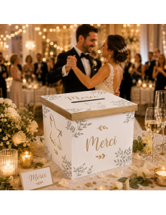 Accessoire de Mariage / Urne Imprimé "Merci" avec Colombe Dorée / Dimensions : 20 x 20 x 20 cm 2