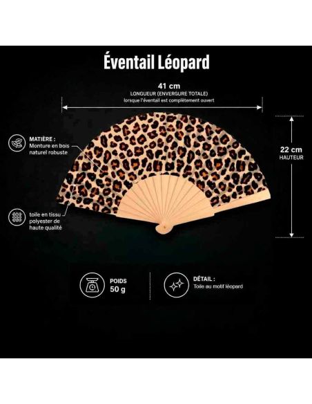 Éventail léopard pliable en bois et papier motif félin avec message