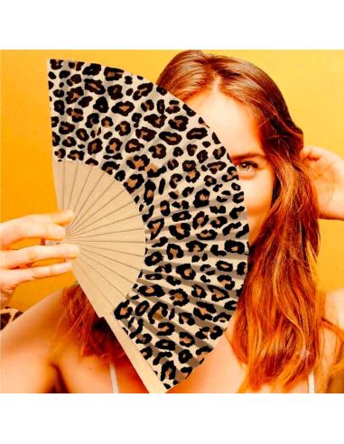 Éventail léopard pliable en bois et papier motif félin avec message