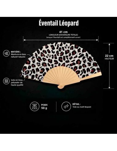 Éventail léopard pliable en bois et papier motif félin avec message