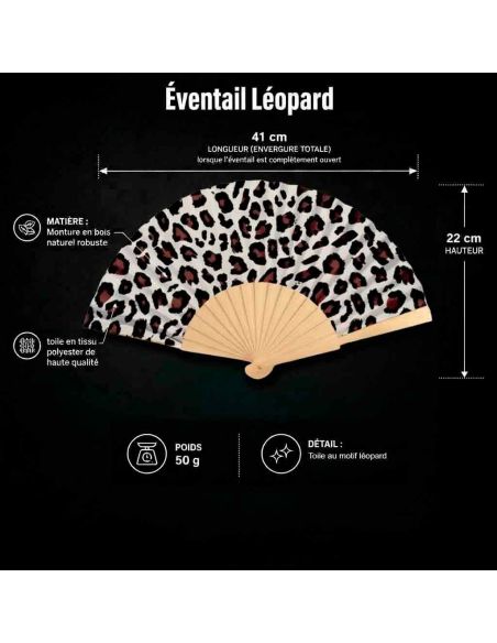 Éventail léopard pliable en bois et papier motif félin avec message