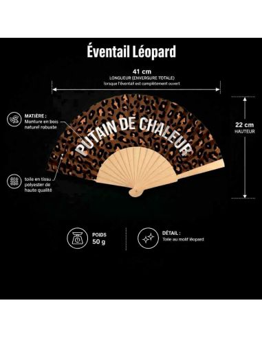 Éventail léopard pliable en bois et papier motif félin avec message