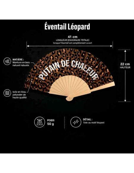 Éventail léopard pliable en bois et papier motif félin avec message