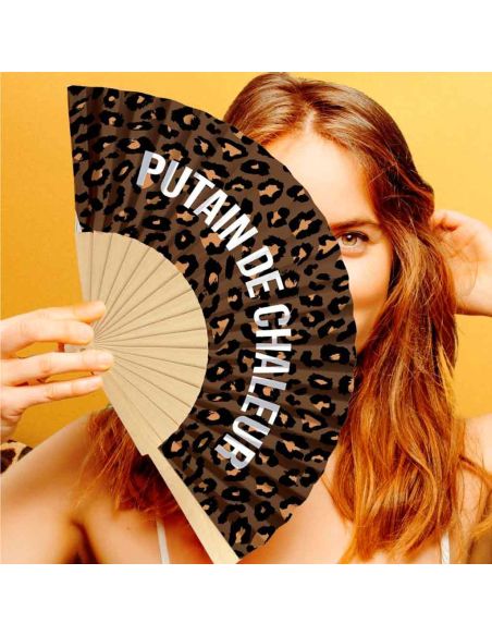 Éventail léopard pliable en bois et papier motif félin avec message