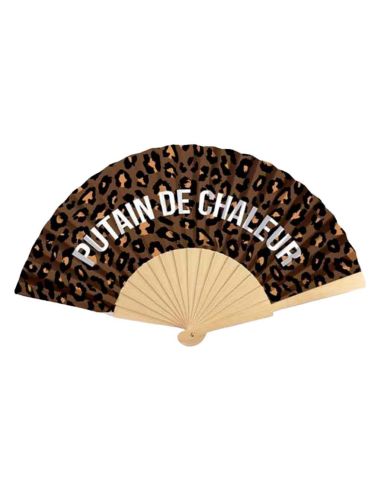 Éventail léopard pliable en bois et papier motif félin avec message