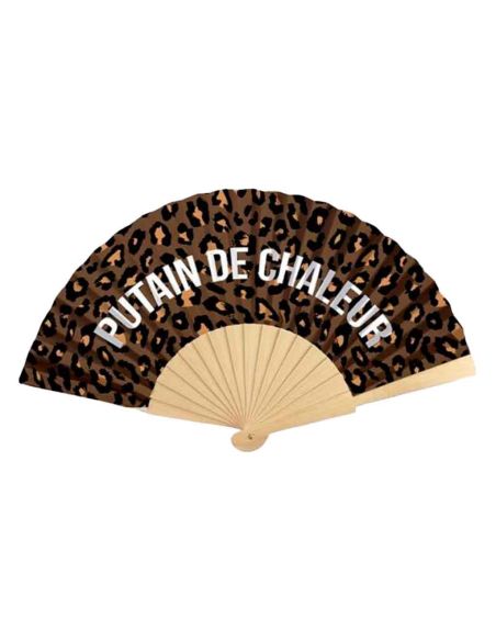 Éventail léopard pliable en bois et papier motif félin avec message
