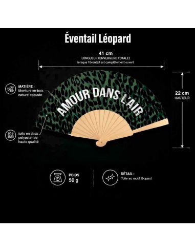 Éventail léopard pliable en bois et papier motif félin avec message