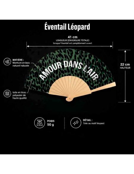 Éventail léopard pliable en bois et papier motif félin avec message