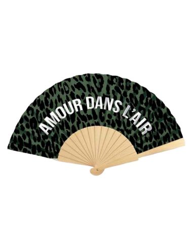 Éventail léopard pliable en bois et papier motif félin avec message