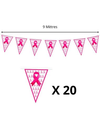 Banderole Fanions Octobre Rose 9m – Guirlande Plastique 20 Fanions Ruban Rose pour Événement Solidaire