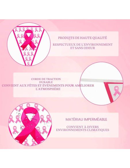 Banderole Fanions Octobre Rose 9m – Guirlande Plastique 20 Fanions Ruban Rose pour Événement Solidaire