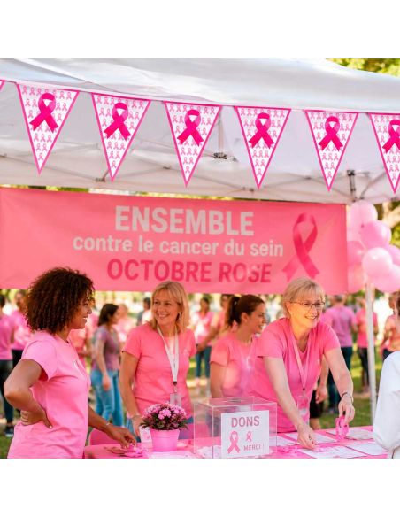 Banderole Fanions Octobre Rose 9m – Guirlande Plastique 20 Fanions Ruban Rose pour Événement Solidaire
