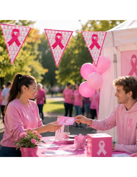 Banderole Fanions Octobre Rose 9m – Guirlande Plastique 20 Fanions Ruban Rose pour Événement Solidaire