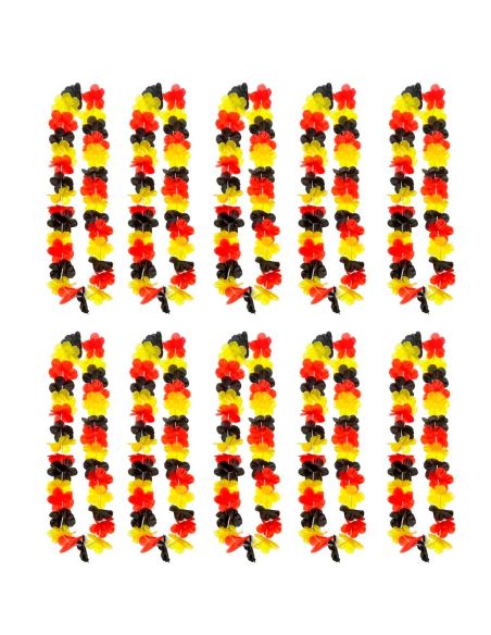 Pack de 10 Colliers Hawaïens Supporter Allemagne et Belgique – Collier de Fleurs Noir Rouge Jaune 90 cm